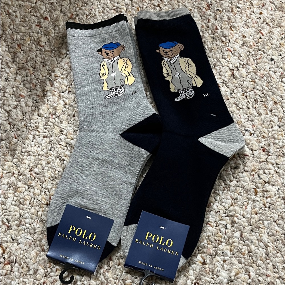 Polo by Ralph Lauren Bear Crew Socks in Gray & Navy